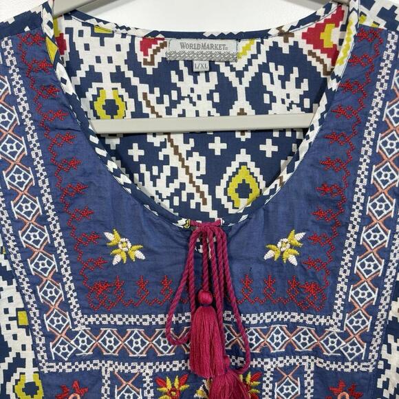 World Market Women L/XL Tunic Dress Embroidered Geometric Boho Tassel Aztec - Picture 2 of 7